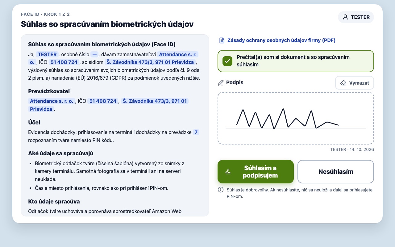 Attendance terminal: consent to biometric processing signed with a finger