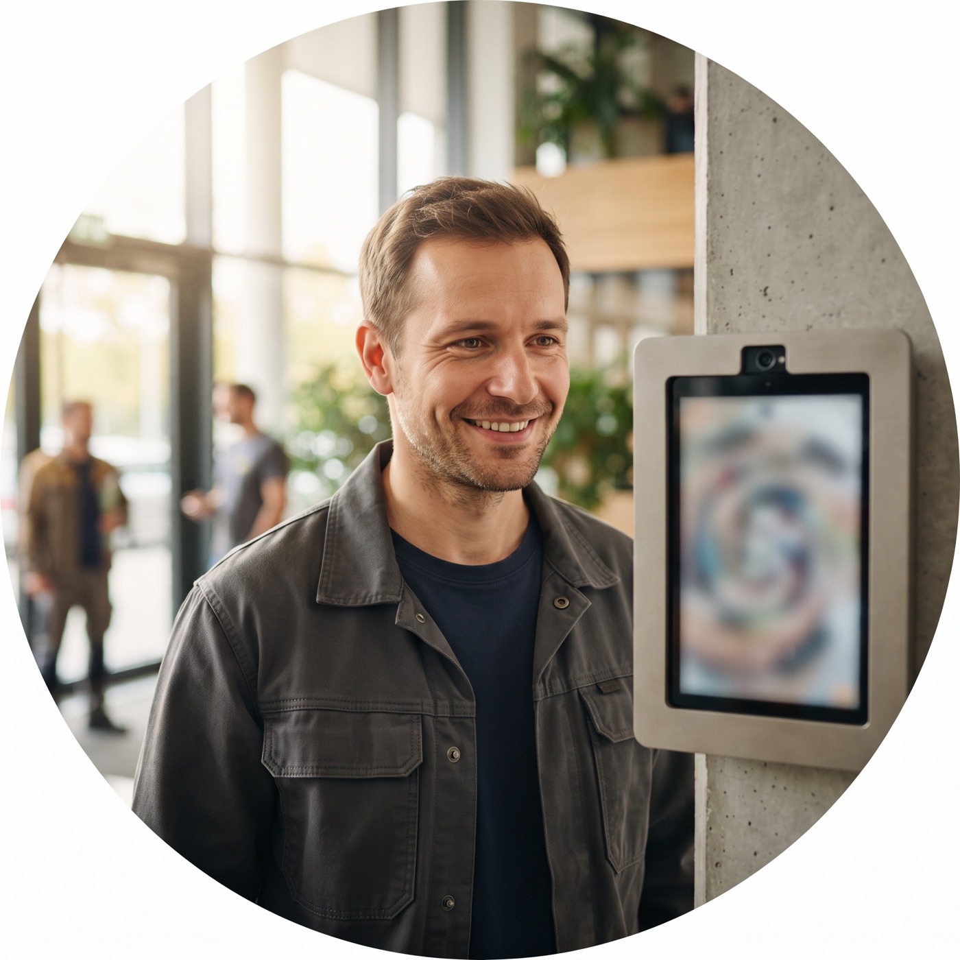 Employee clocking in with Face ID on the tablet by the entrance
